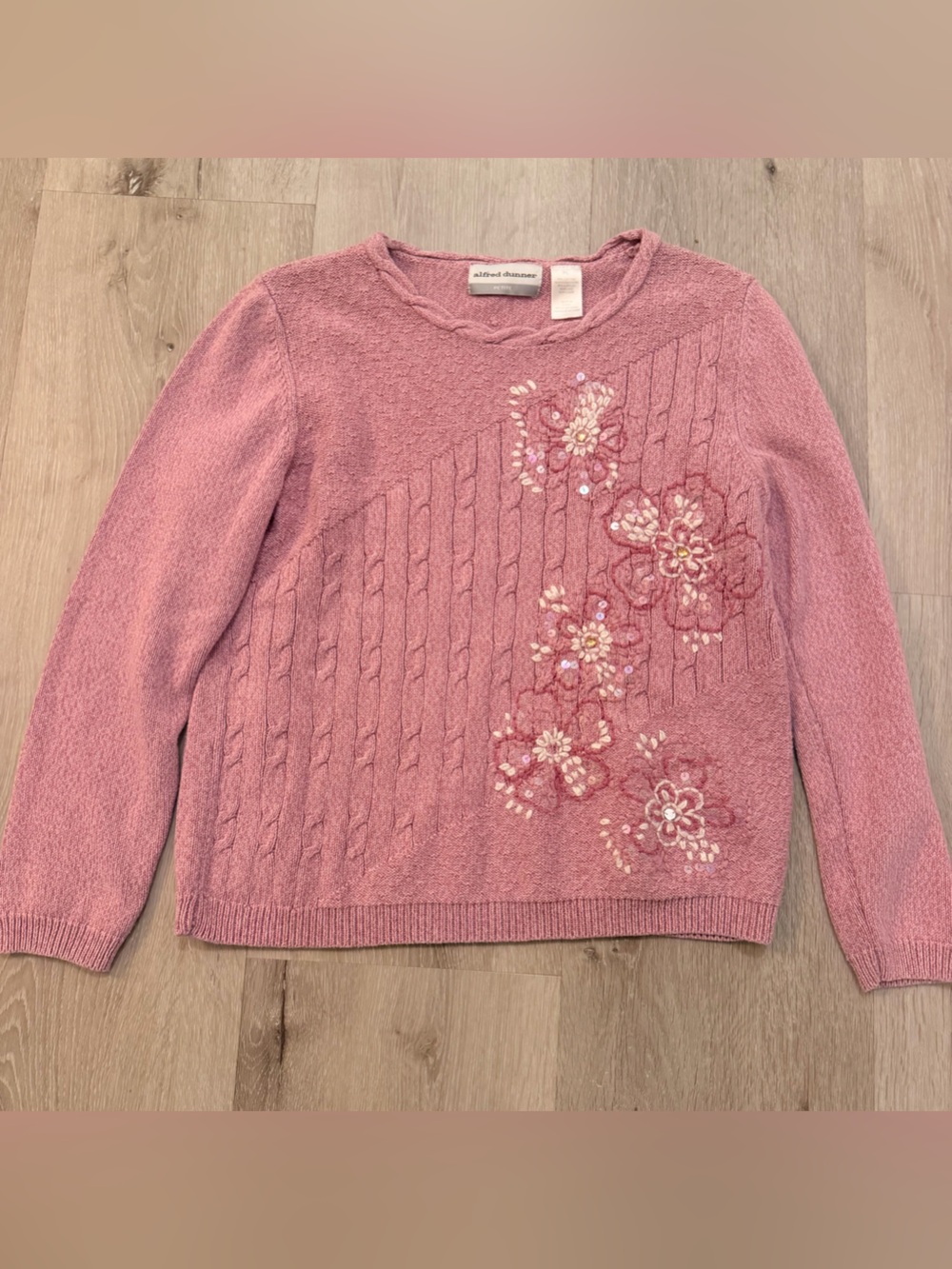 Vintage Alfred Dunner Pastel Pink Embroidered Floral Knit Sweater Coquette PL